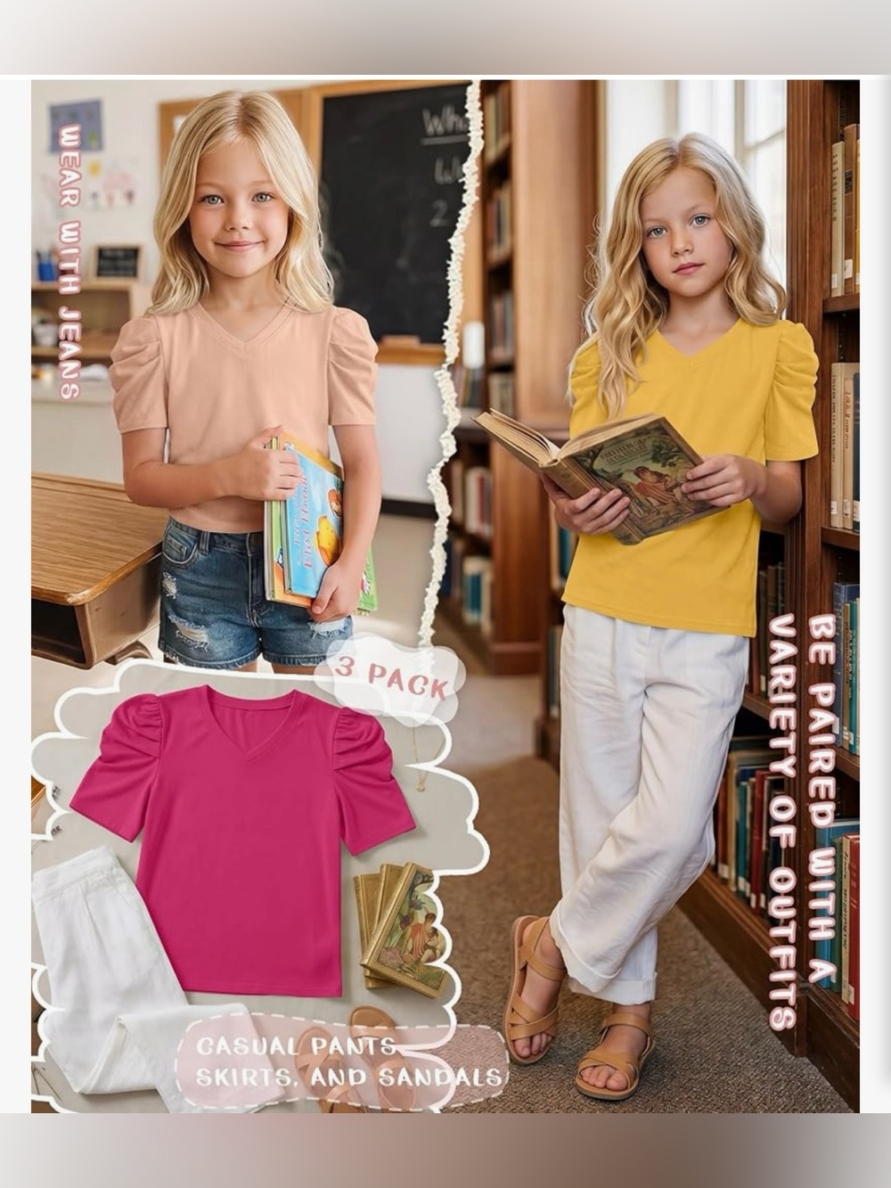 3 Pack Girls' Puff Sleeve T-Shirts - Picture 3 of 4